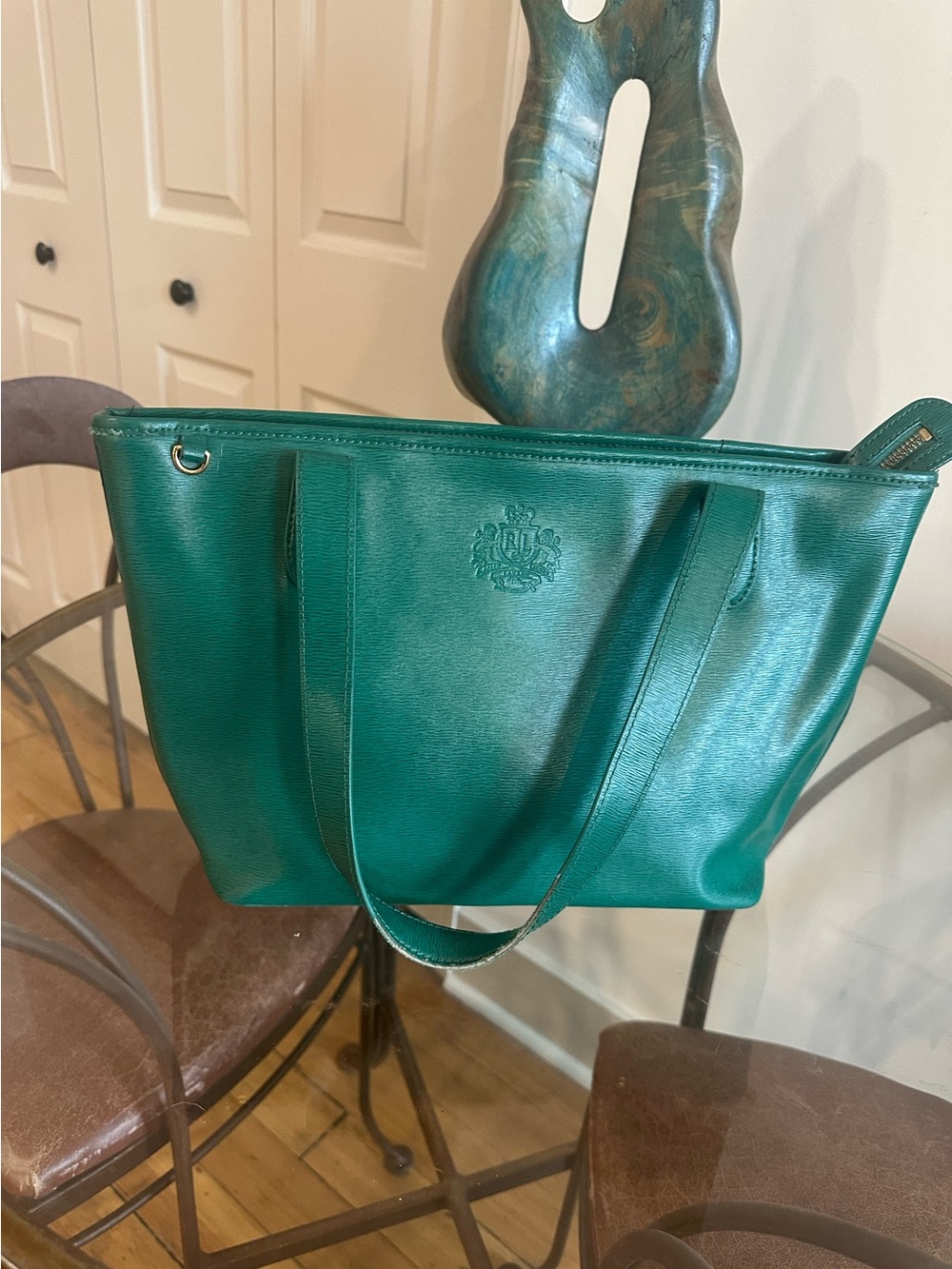 Lauren Ralph Lauren Newbury  Shoulder Tote Mallard Green Cross Hatch Leather